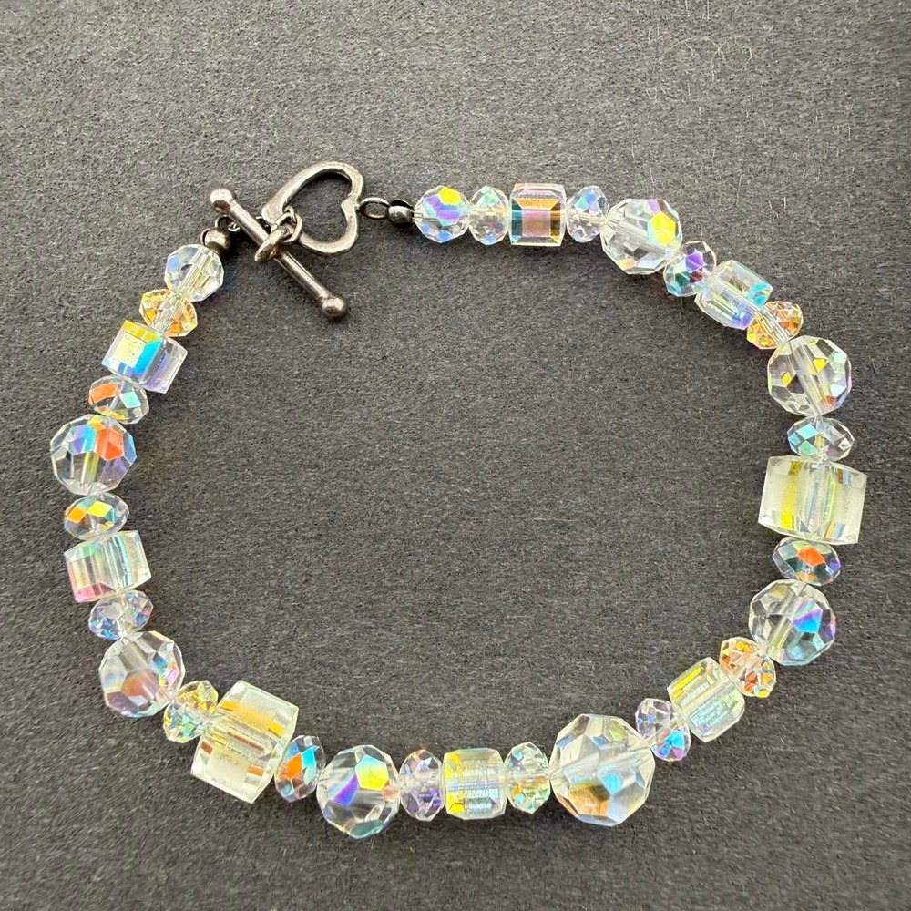 Aurora‎ Borealis Iridescent Crystal Bracelet Sterling Heart Toggle Beaded Design